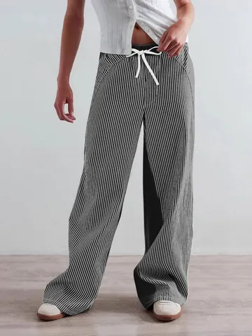 Women Patchwork Striped Wide Leg Denim Jeans Loose High Waist Elastic Waistband Straight Leg Casual Pants Spring Autumn Streetwear Fashion Trousers