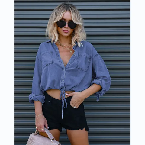 Chemise en Jean Décontractée pour Femme Manches Longues Double Poche Cordon de Serrage Blouse Large Denim Jacket Top Urban