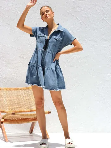 Women's Summer Short Sleeve Denim Midi Dress Polo Collar Button Down Casual Tiered Cake Skirt Frayed Hem Pocket Jean Dress