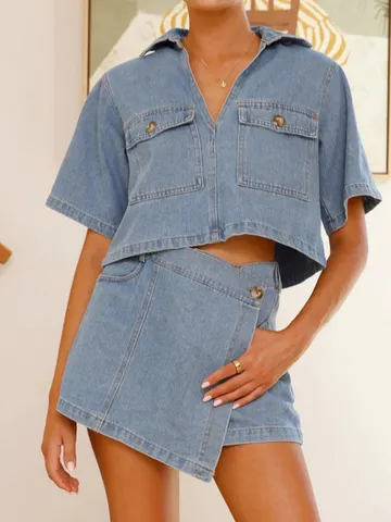 Women V-Neck Short Sleeve Denim Top And Irregular Skort Set Casual Loose Summer Streetwear Outfit