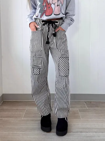 Pantalon Décontracté à Jambes Droites Rayé pour Femmes Taille Haute Cordon Poches Denim Mélange de Coton Streetwear Bottom