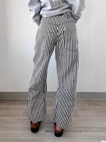 Pantalon Décontracté à Jambes Droites Rayé pour Femmes Taille Haute Cordon Poches Denim Mélange de Coton Streetwear Bottom