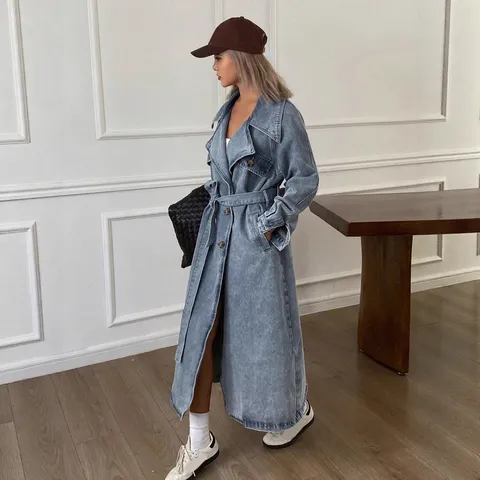 Women's Retro Denim Trench Coat Double-Breasted Belted Oversized Mid-Length Denim Jacket Washed Blue Lapel Casual Windbreaker Top