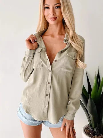Chemise en Jean à Manches Longues pour Femmes Chemisier à Col à Revers Boutonné Haut Décontracté avec Double Poches Mode