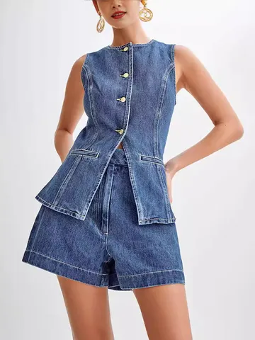 Ensemble Deux Pièces Femme en Jean Gilet et Short Taille Haute Été Sans Manches