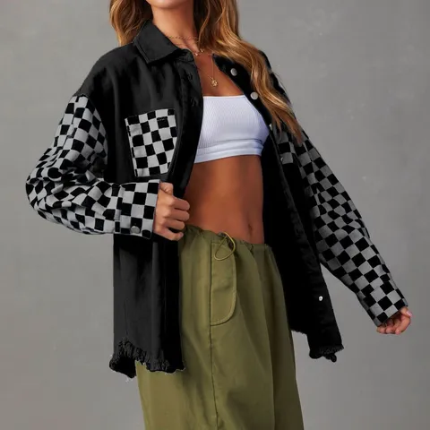 Women Oversized Denim Jacket Plaid Contrast Patchwork Raw Edge Long Sleeve Button Down Coat Streetwear Autumn Outerwear