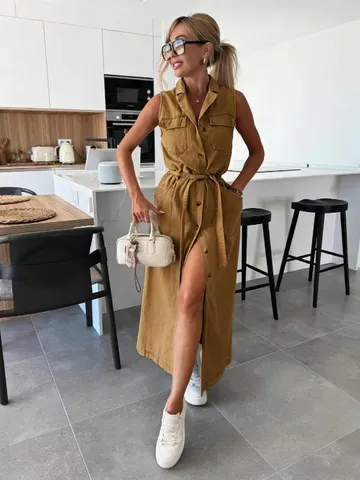 Robe Maxi en Denim Sans Manches pour Femmes Boutonnage Simple Taille à Nouer Robe Chemise Avec Poches Col Polo Décontracté Streetwear Été Jean Robe Longue