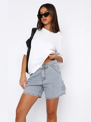 Short Cargo en Jean Lavé pour Femmes Tendance Urbaine Été Mélange de Coton Taille Haute Coupe Droite avec Poches Mode Streetwear