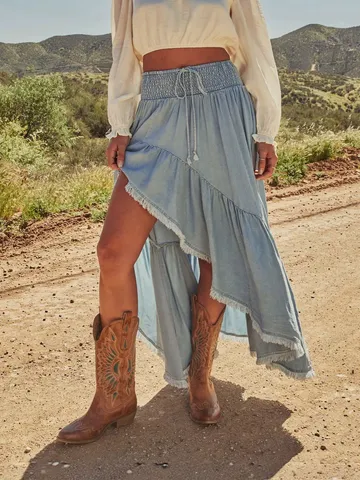 Women Irregular Denim Maxi Skirt High Waist Ruffle Hem A-Line Washed Long Skirt Bohemian Frayed Edge Casual Jean Bottoms