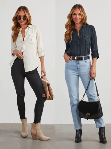 Chemise en Jean Décontractée pour Femmes Manches Longues Revers Simple Boutonnage Veste en Jean Top Avec Poches Automne Streetwear Chemisier en Jean