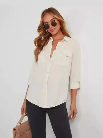 Chemise en Jean Décontractée pour Femmes Manches Longues Revers Simple Boutonnage Veste en Jean Top Avec Poches Automne Streetwear Chemisier en Jean