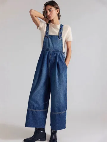 Salopette di Jeans a Gamba Larga da Donna Vita Alta Misto Cotone Lavato Streetwear Tasche Pantaloni Lunghi