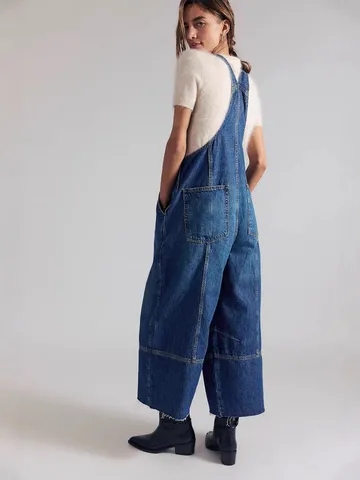 Salopette di Jeans a Gamba Larga da Donna Vita Alta Misto Cotone Lavato Streetwear Tasche Pantaloni Lunghi
