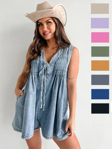 Women Sleeveless Denim Romper V-Neck Washed Cotton Jumpsuit Drawstring Pockets Loose Summer Streetwear One-Piece Shorts Outfit
