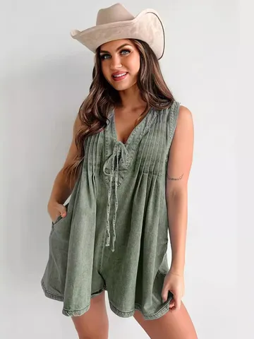Women Sleeveless Denim Romper V-Neck Washed Cotton Jumpsuit Drawstring Pockets Loose Summer Streetwear One-Piece Shorts Outfit