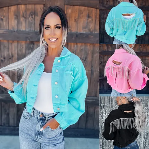 Women's Casual Distressed Denim Jacket With Rhinestone Tassel Fringe Loose Long Sleeve Washed Jean Coat Streetwear Outerwear