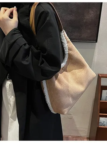 Damen Wildleder Sherpa Tote Bag Winter Herbst Patchwork Hobo Achseltasche Schultertasche Für Pendeln Tägliche Mode