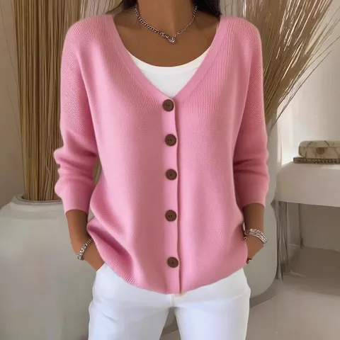 Women Casual V-Neck Knitted Cardigan Long Sleeve Single Breasted Loose Printed Sweater Outerwear Solid Color Top For Autumn Winter