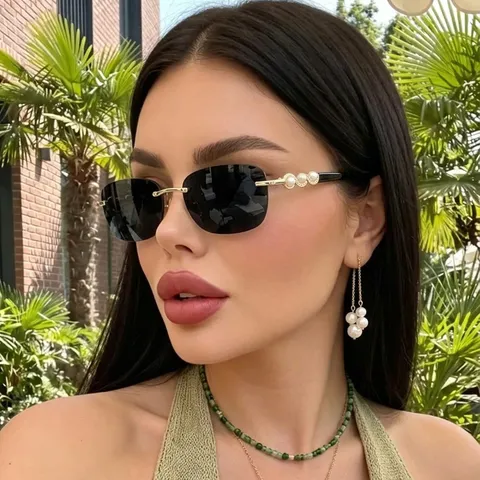 Damen Randlose Sonnenbrille Perlenbügel Eleganter Metallrahmen UV400 Sonnenschutz Brille Für Outdoor Mode Party Reisen