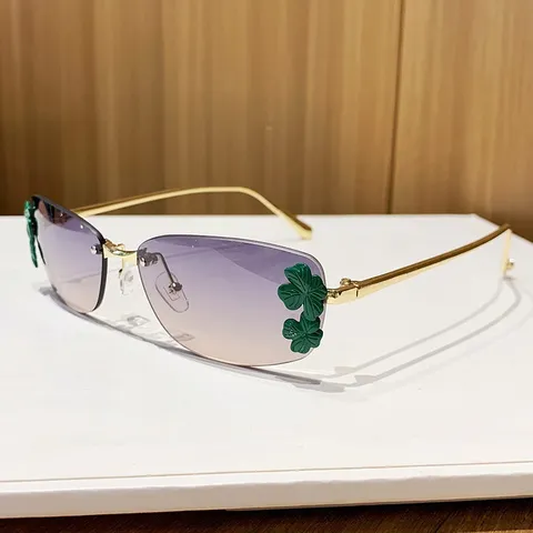 Rimless Metal Frame Sunglasses For Women Trendy Small Rectangular Sun Glasses With Leaf Decoration UV400 Protection Eyewear