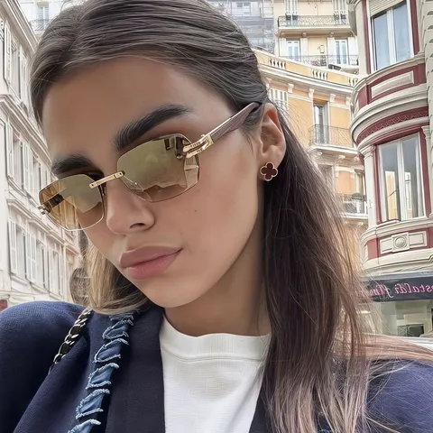 Mode Randlos Eckig Sonnenbrille Metallrahmen Holzstruktur Bügel Sonnenschutz Trend Brille Unisex