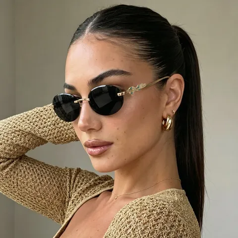 Vintage Randlos Oval Sonnenbrille Damen Herren Metallrahmen Strass Luxus Brille Mode Trendige Eyewear Reise Alltag Deko Gläser