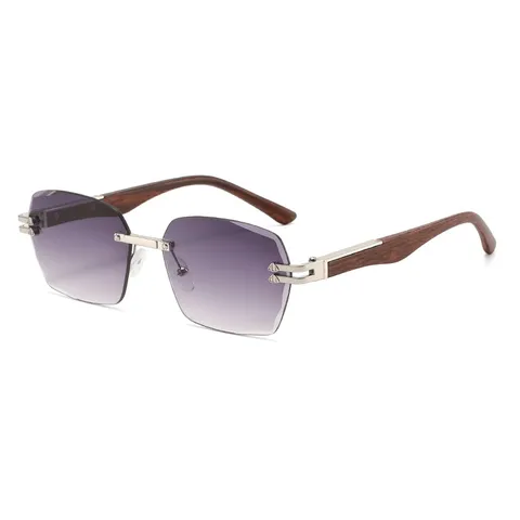 Mode Randlos Eckig Sonnenbrille Metallrahmen Holzstruktur Bügel Sonnenschutz Trend Brille Unisex