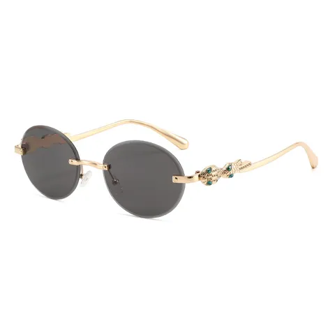 Vintage Randlos Oval Sonnenbrille Damen Herren Metallrahmen Strass Luxus Brille Mode Trendige Eyewear Reise Alltag Deko Gläser