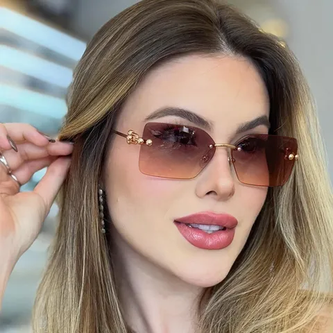 Lunettes de Soleil Carrées Sans Monture de Luxe pour Femmes Branches en Chaîne Métallique Tendance Protection UV400 Verres Dégradés