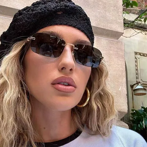 Vintage Randlose Sonnenbrille Für Damen Herren Mode Quadratischer Metallrahmen Verlaufsgläser UV400 Schutz Casual Brillen