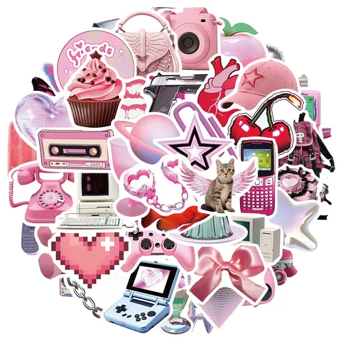 Αυτοκόλλητα Γκράφιτι Σειράς Pink Y2K Girl 50 Τεμάχια Αδιάβροχα PVC Κινούμενα Σχέδια Αισθητική Διακόσμηση για Θήκη Τηλεφώνου Κιθάρα