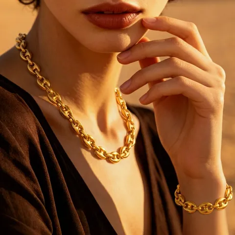 304 Stainless Steel Coffee Bean Chain Necklace Bracelet Set PVD Plated Geometric Mariner Link Jewelry For Men Women