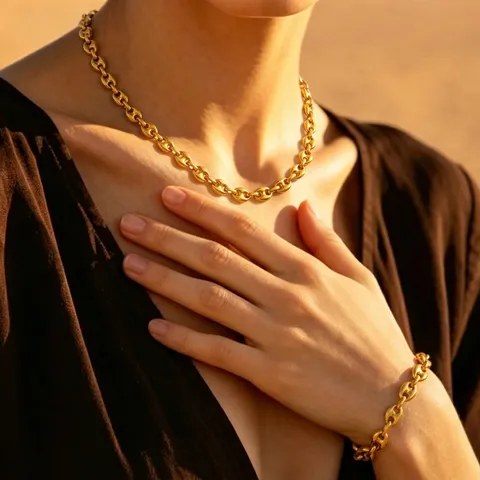 304 Stainless Steel Coffee Bean Chain Necklace Bracelet Set PVD Plated Geometric Mariner Link Jewelry For Men Women
