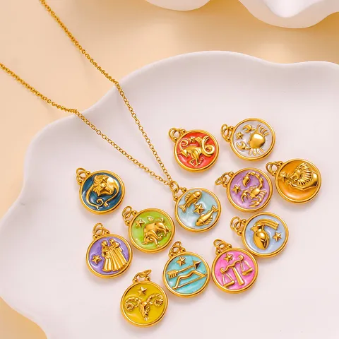 Stainless Steel 18K Gold Plated Zodiac Sign Pendant Round Drip Oil Enamel Astrology Medallion Necklace Charm For Women Jewelry