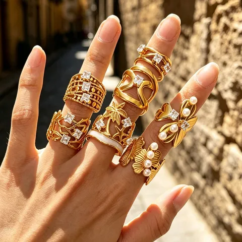 Minimalist 304 Stainless Steel Hollow Leaf Open Rings For Women Adjustable Gold Rhinestone Artificial Pearl Geometric Ring Jewelry