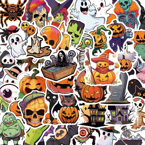Halloween Waterproof Doodle Stickers PVC Cartoon Pumpkin Ghost Skull Decals For Phone Case Water Bottle Skateboard Guitar Helmet Decorations