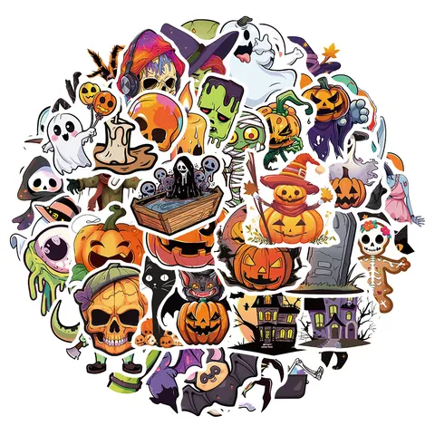 Halloween Waterproof Doodle Stickers PVC Cartoon Pumpkin Ghost Skull Decals For Phone Case Water Bottle Skateboard Guitar Helmet Decorations