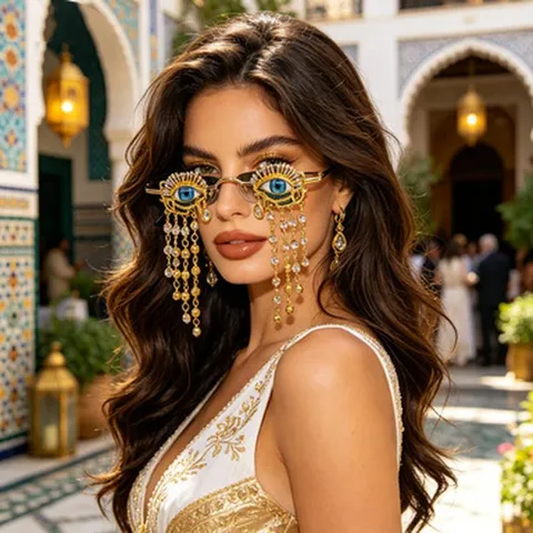 Evil Eye Sunglasses With Rhinestone Tassels Metal Frame Blue Eye Design Exaggerated Round Decorative Glasses For Women