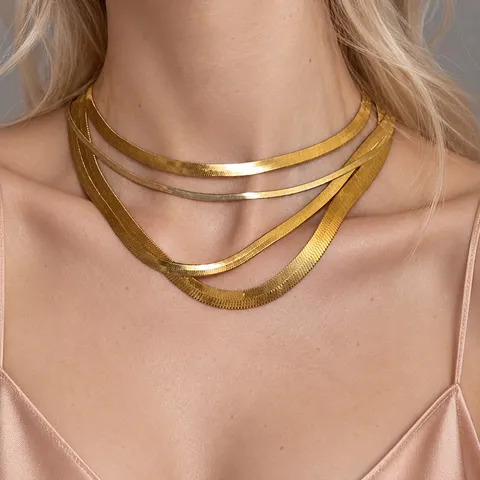 Minimalist Stainless Steel Layered Snake Bone Chain Necklace Gold Plated Herringbone Choker For Women Fashion Jewelry Gift