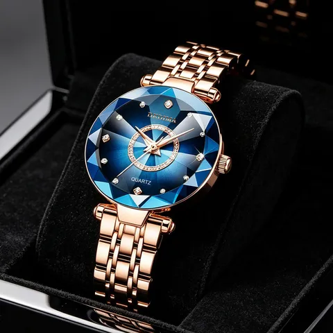 Elegante Damen Quarzuhr Facettierter Kristallspiegel Farbverlauf Sternenzifferblatt Wasserdichtes Metallband Mode Armbanduhr