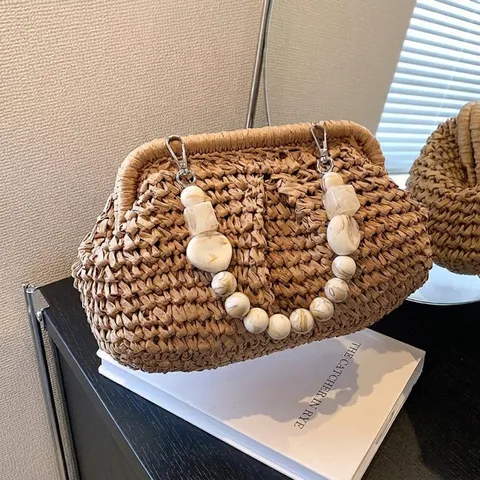 Women's Straw Woven Cloud Handbag With Marble Bead Handle Summer Vacation Beach Shoulder Bag Vintage Beaded Clutch Purse