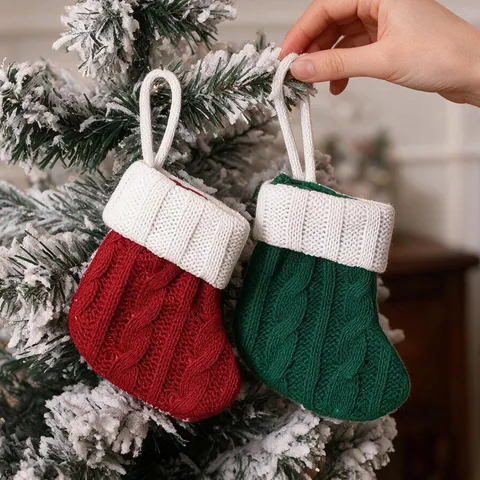 Christmas Mini Knitted Stockings Hanging Ornaments For Christmas Tree Decor Home Party Decor Polyester Knit Socks Gift Bags