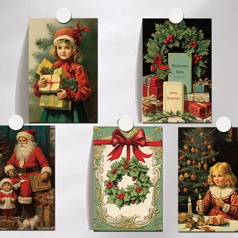 Vintage Christmas Decorative Cards Retro Festive Postcards Set Wall Decor Postcards For Room Dorm Living Room Background Art Prints