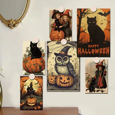 Set di Biglietti Decorativi Vintage per Halloween Cartoline per Parete Camera da Letto Soggiorno Stampe Artistiche con Zucca e Gatto