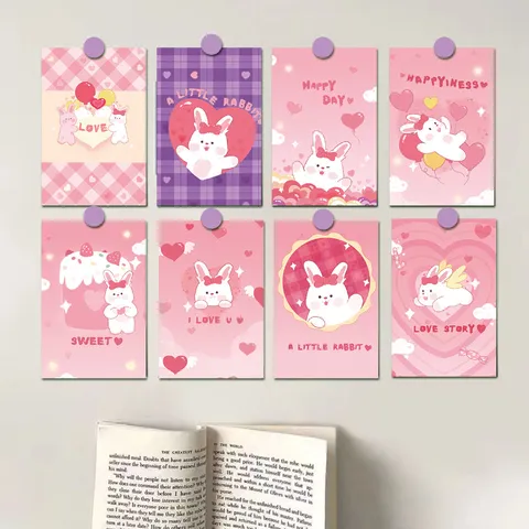 Aesthetic Cute Bunny Decorative Cards Wall Postcards Coated Paper Pink Rabbit Art Prints For Dormitory Bedroom Wall Decor