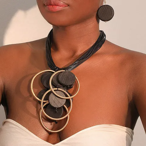 Boho Vintage Meerlagige Waskoord Ketting Legering Cirkel Hout Schijf Hanger Halsketting Oorbellen Sieraden Set Voor Vrouwen