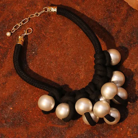 Vintage Übertrieben Handgefertigt Gewebt Künstliche Perle Choker Damen Bohemian Schwarz Seil Statement Party Halskette