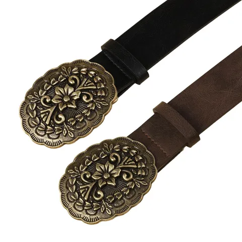 Western Vintage PU Leather Belt Engraved Alloy Oval Buckle Electroplated Casual Waist Strap Unisex Accessory