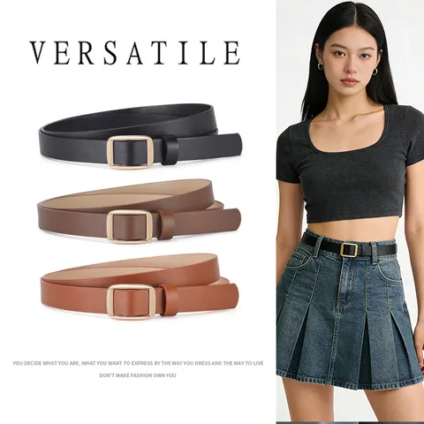 Damen Skinny Kunstleder Gürtel Mit Goldener Quadratischer Schnalle Vielseitiger Kleid Jeans Dekorativer Hüftgürtel Für Pendeln Mode Accessoire