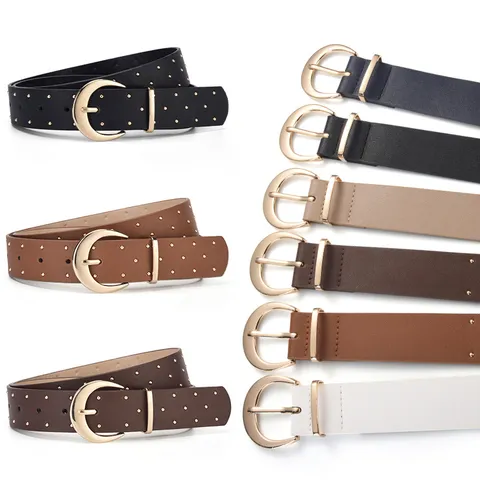 Dames PU Leren Riem met Nieten Gouden Halve Maan Gesp Maillard Mode Brede Tailleband Dagelijks Accessoire